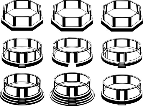 Collection of mma cages and boxing rings in black and white