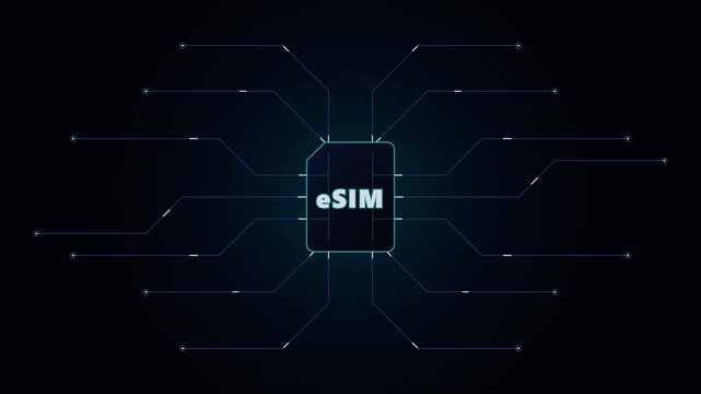 E sim technology concept: digital sim card with global network connectivity data animation