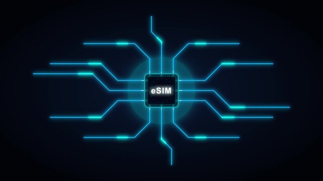E sim technology concept with digital circuit board animation and glowing data connections