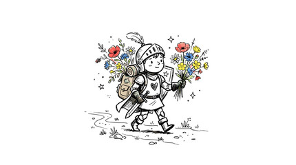 Obraz premium Cute handdrawn girl with flowers in winter coat and hat walking outdoors on a snowy day