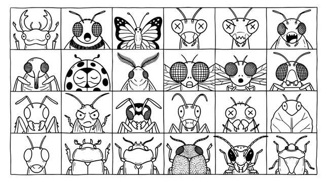Collection of handdrawn cartoon insects and bugs with various expressions and poses