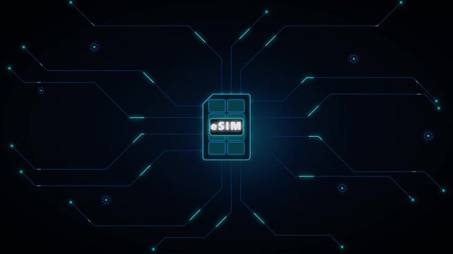 E sim technology concept with digital circuitry network and data connectivity animation
