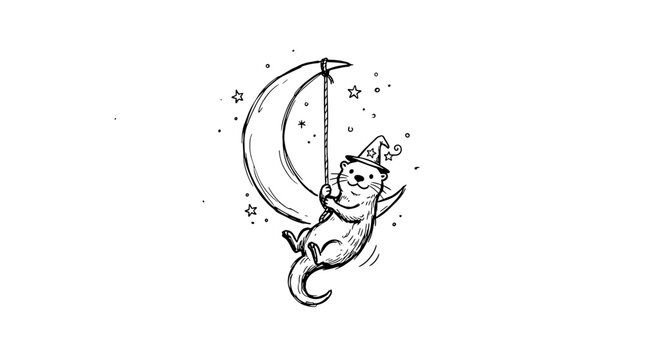 Cute cartoon baby monkey wearing a crown sitting on a crescent moon with stars