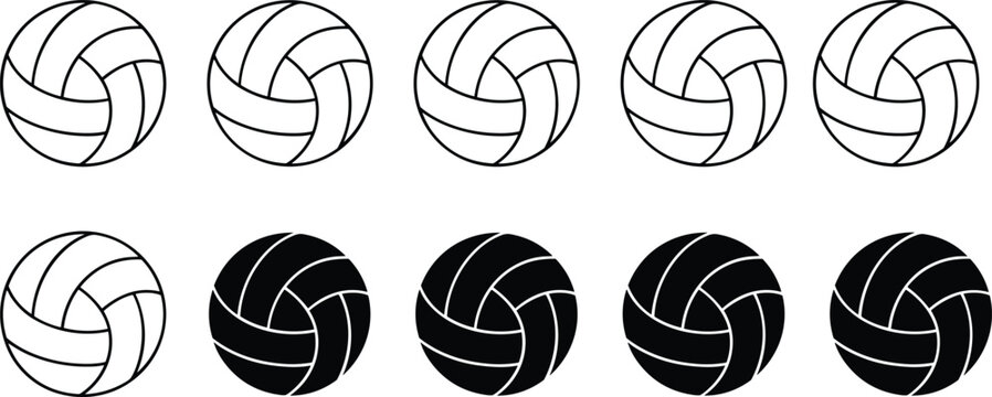 Volleyball vector icon set with black and white line art sport balls isolated on a plain background for commercial designVolleyball vector icon set with black and white line art sport balls isolated o