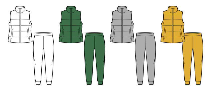 womens puffer vest set ladies gilet and sweatpants technical drawing flat sketch vector illustration template. isolated on transparent background cad mockup.