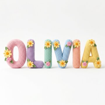 Knitted Crochet Style Letters OLIVIA with Flowers Pastel Colors.