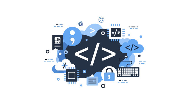 Modern Flat Vector Illustration of Coding, Programming, Software Development, Cloud Computing, and Cybersecurity Icons