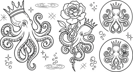 Octopus King with Crown and Rose Tattoo Line Art Vector Icon Set for Design © PJ DeSign