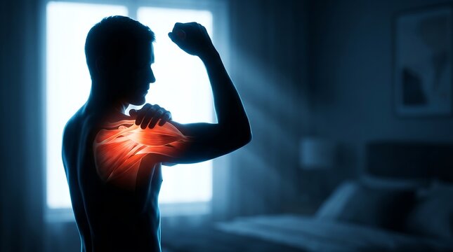 A silhouette of a man experiencing shoulder pain, highlighted with a red glow, in a dimly lit room.