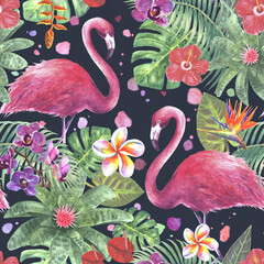 Tropical Flamingo Watercolor Pattern with Exotic Flowers on Dark Navy © Olga