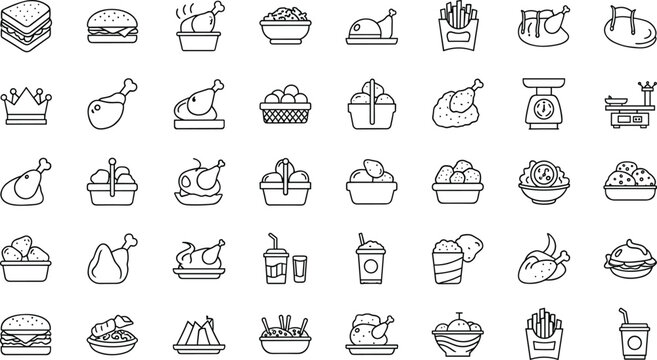 Fast food and fried chicken restaurant line icons set with burgers sandwich french fries nuggets drumstick whole roasted poultry drinks kitchen scale basket vector