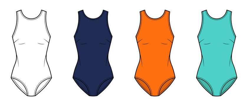 womens sleeveless athletic bodysuit leotard technical drawing flat sketch vector illustration template. isolated on transparent background cad mockup.