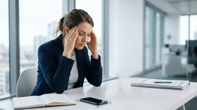 Exhausted businesswoman suffering from workplace burnout and mental fatigue in modern office, overwhelmed by work pressure, deadlines and excessive workload, corporate stress, productivity challenges,