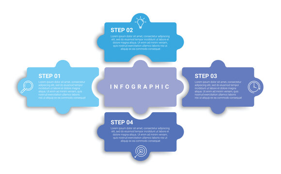 Infographic template with four connected puzzle pieces and icons for business presentation