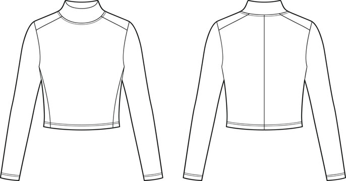 Blank mock neck long sleeve crop top flat sketch technical illustration vector template showing front and back views.