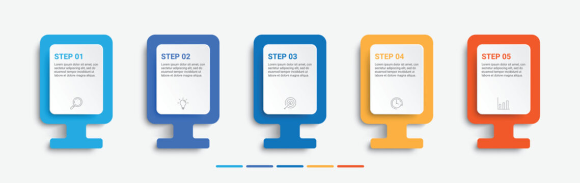 Numbered steps infographic with icons and text boxes in a modern vector style