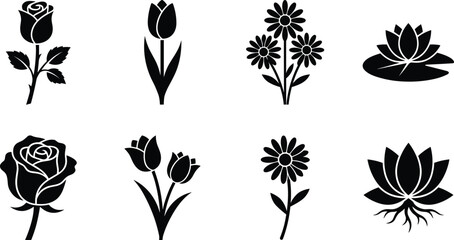 Obraz premium Art & IllustrationCollection of elegant flower black silhouettes and flat icons isolated on a white background for creative design