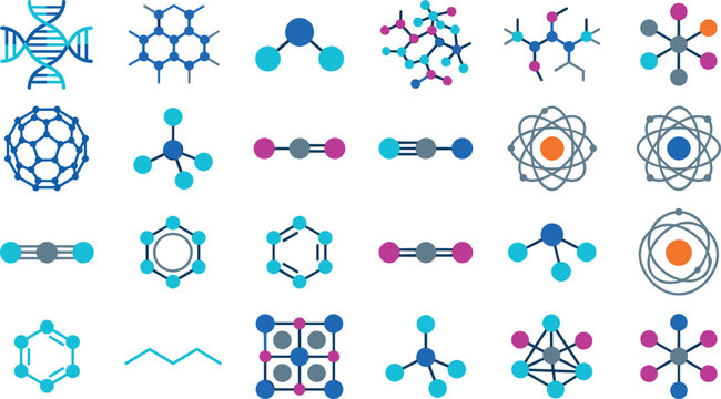Molecule and atomic structure icon set with DNA, chemical bonds, molecular models and science research symbols in flat vector style