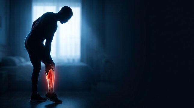 Silhouette of a person clutching their inflamed calf, experiencing acute leg pain and discomfort, suggesting muscle strain, injury, or a medical condition in a dark, atmospheric room