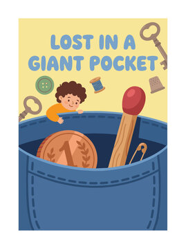 Cute cartoon boy character lost inside a giant denim pocket with a massive coin and matchstick children story book cover concept
