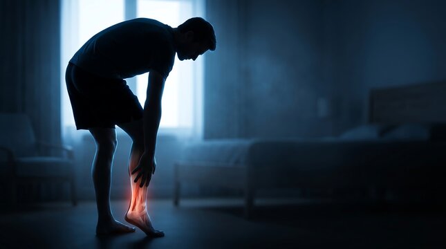 A man's silhouette highlights acute leg pain and discomfort, clutching his injured limb in a dark room, symbolizing physical suffering, muscle strain, and the urgent need for relief