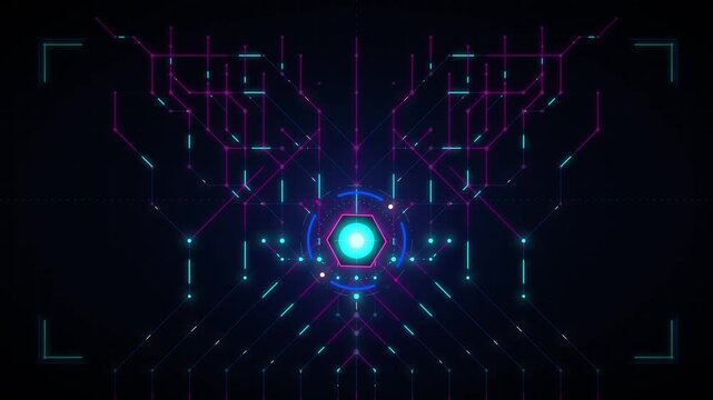 Futuristic digital circuit board hud interface with glowing neon data nodes and hexagon core