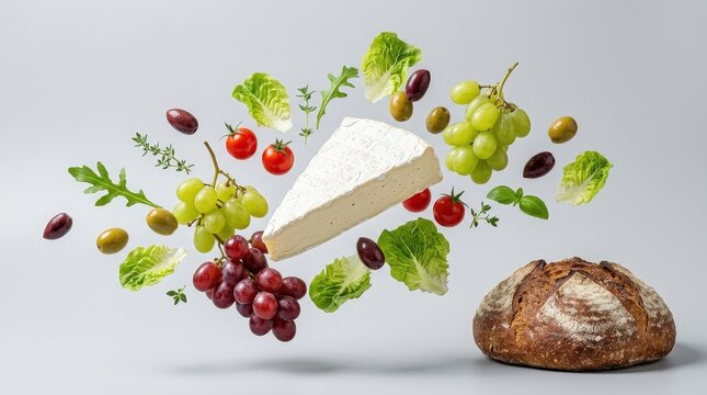 Delicious wedge of creamy brie cheese surrounded by fresh flying ingredients