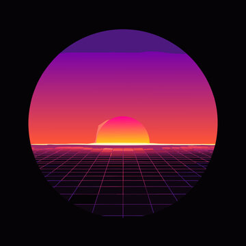 Retro Sunset Grid Circle &ndash; 80s Neon Synthwave Horizon Vector Illustration with Gradient Glow