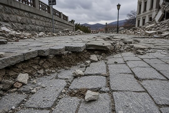 Cracked stone pavement with vertical offset after an earthquake, overcast sky.