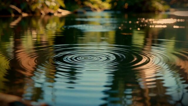 Water ripples spread across a serene lake surface reflecting surrounding trees and sky