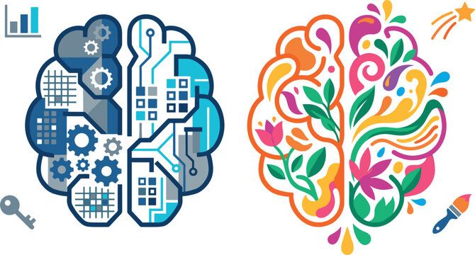 Left and Right Brain Hemispheres Vector Illustrating Human Logic vs Creative Thinking, Analytical Science Data Circuits, and Colorful Artistic Floral Imagination Concepts
