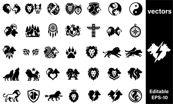 Black and white vector icons of various animal and nature symbols including lions wolves eagles dreamcatchers and abstract designs on white background  vector graphics
