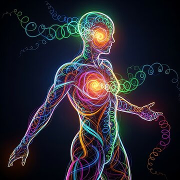 Human silhouette with glowing energy and chakra points.