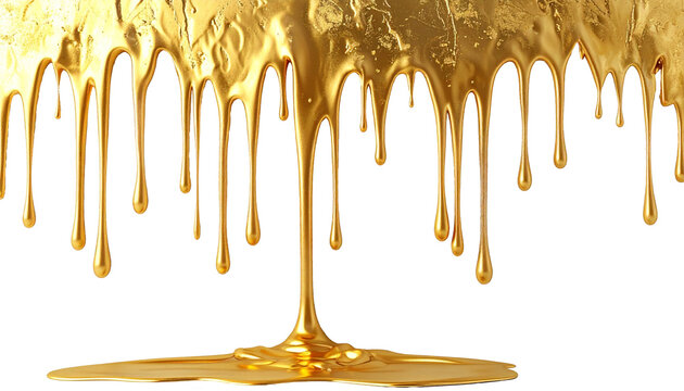 liquido d'oro che si scioglie, isolato e scontornato su sfondo trasparente, immagine 3D