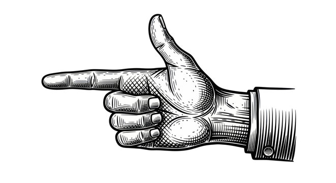 A detailed hand illustration points forward with index finger extended.
