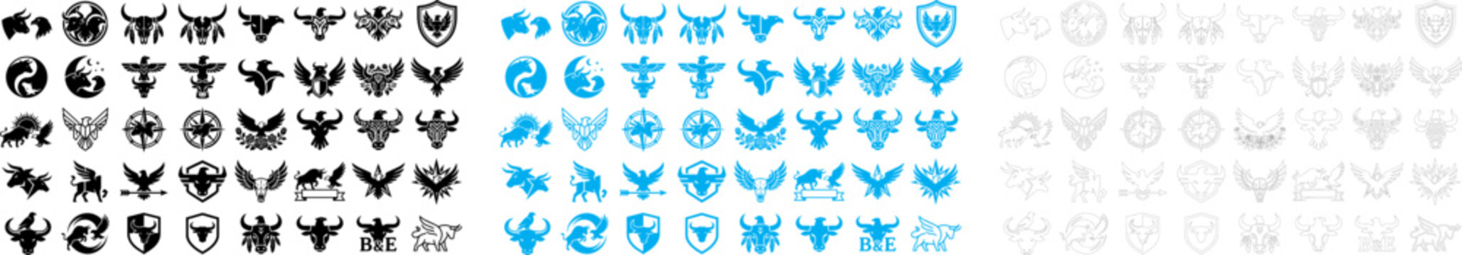 Animal and fantasy creature logos  various designs  birds  bulls  shields  crests  abstract symbols  mythical creatures  emblems  icons  signs