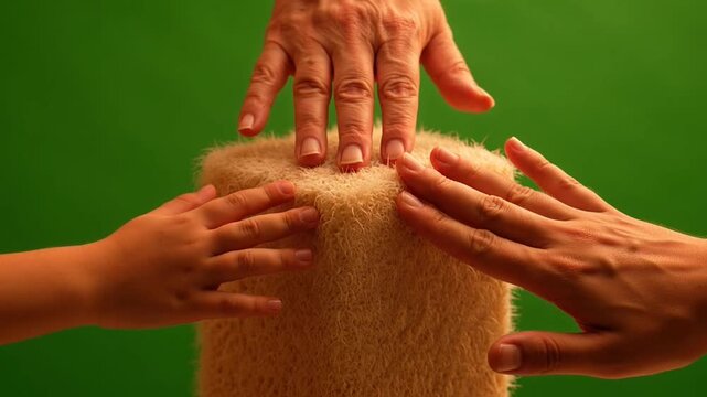 Hands touching a soft fuzzy texture object on green screen background.