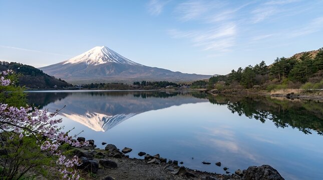 Mount Fuji Reflection in Lake, Cherry Blossoms, Japan