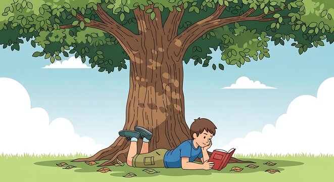 Young boy sitting under a large tree reading a book.