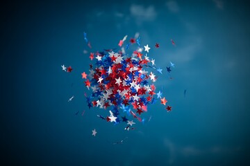 Patriotic celebration exploding cluster of american stars against teal background
