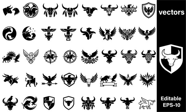 Collection of various animal and shield logos and icons with bulls eagles and shields on transparent background for design use