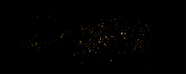 Fototapeta premium Yellow highlights, sparkle and particle on dark bokeh background. Gold night glitter dust, magical stardust, star and glare. Glow, shimmer, sparks, twinkle, flare, lens flare, vector illustration.