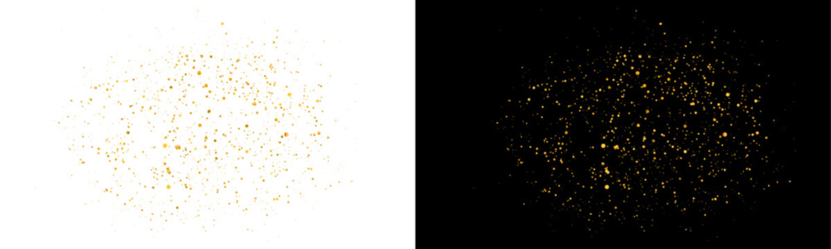 Celestial bokeh dots and twinkling stars overlay on black and white background. Beautiful gold sparks trail. Symmetrical double gold sparkle effect. Vector illustration.