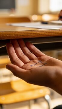 Student hiding handwritten cheat sheet formulas in half closed hand