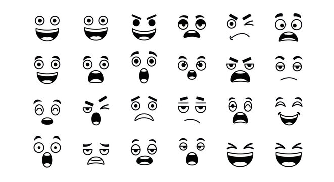 Various facial expressions are depicted in a collection of emotive faces.