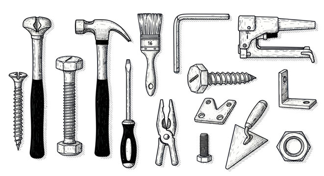 A collection of various tools and hardware items arranged on a surface