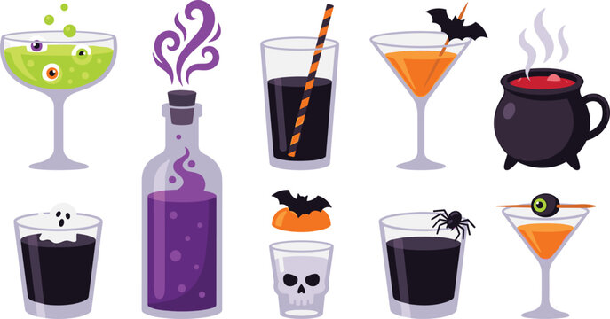 Halloween cocktails vector illustration set with spooky drinks witch potion cauldron skull glass and bat elements