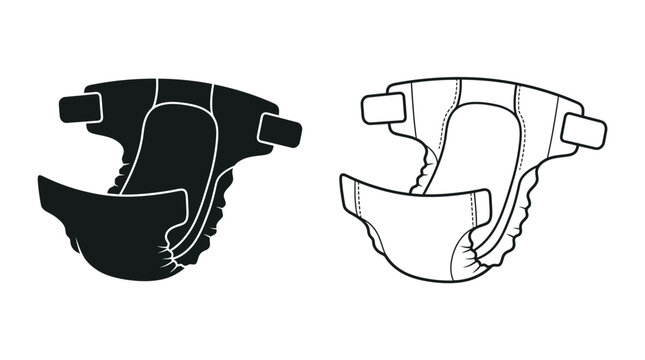 Baby diaper silhouettes and line art on a white background