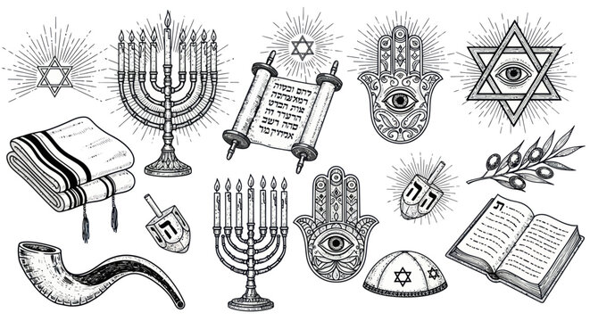 Judaism symbols and objects are arranged on a table for a ceremony.