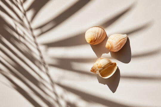 seashells with palm leaf shadow summer background